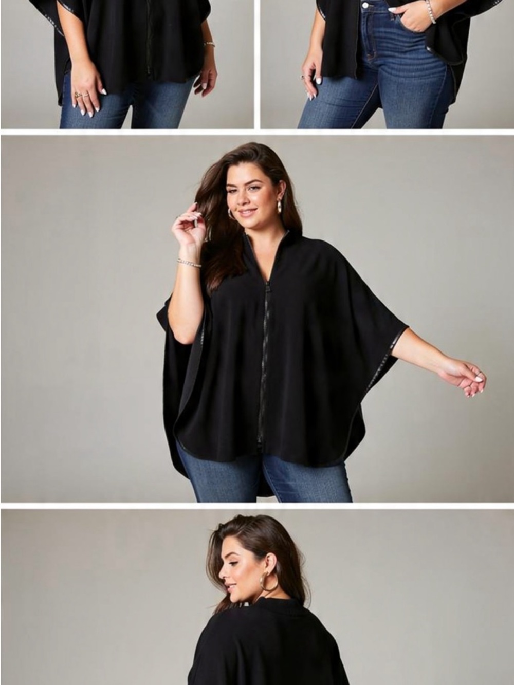 CHICO’S Black Zip Front Cape Poncho Batwing Sleeves Faux Leather Trim OSFM